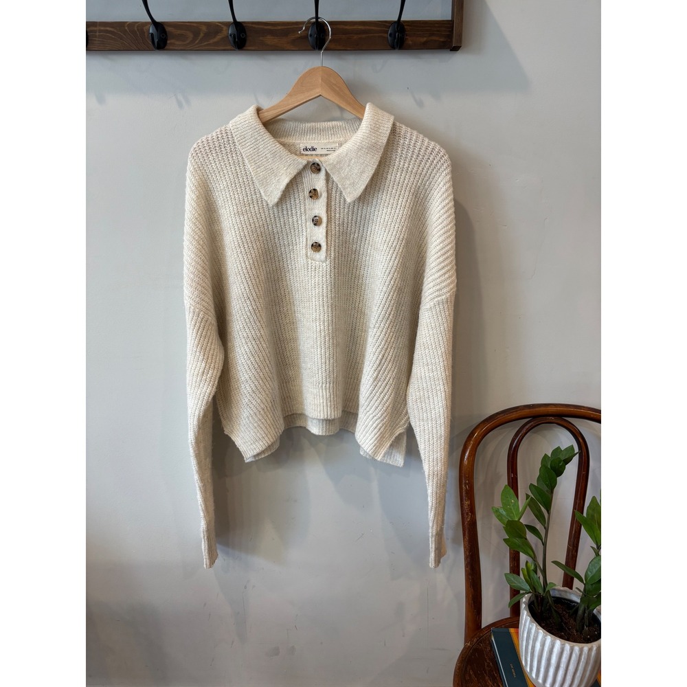 Elodie Cream Ribbed Knit Collared Button Up Sweater with Tortoise Buttons